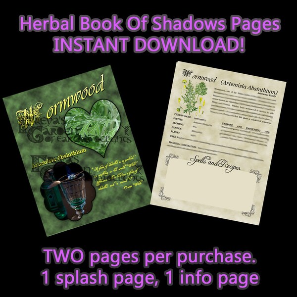 Wormwood Herbal Book Of Shadows, Witches Herbal BOS, Witchcraft Correspondences, Digital Download Herbal BOS pages, Witchcraft Supplies