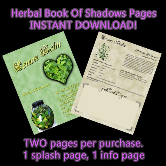 Lemon Balm Herbal Book Of Shadows, Witchcraft BOS, Digital Download Herbal pages, Printable Herbal Correspondence, A5 and US Letter Sizes