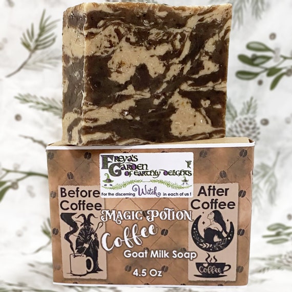 Magic Potion is a goat milk soap bar brewed with rich, roasted scent of fresh coffee, like your favorite morning ritual, now in lather form.