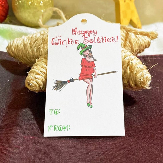 Witchy Winter Solstice, Christmas Gift Tags, Yule Gift Tags, Holiday Package Tags, Pagan Hanging Tags, Holiday Tags with Ribbons, Set of 7