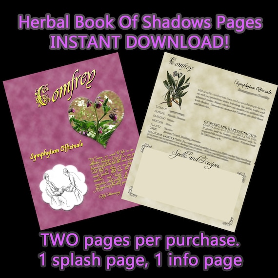 Comfrey Herbal Book Of Shadows Digital Download Printable Pages, Spell Book Printable, Grimoire Download, Wiccan Herb US Letter and A5 Sizes