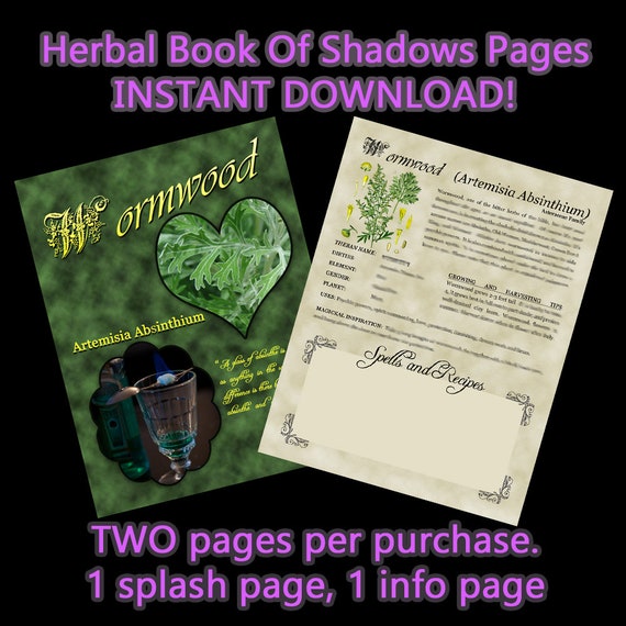 Wormwood Herbal Book Of Shadows, Witches Herbal,Witchcraft Correspondence, Digital Download pages, Witchcraft Supplies, A5 & US Letter Sizes
