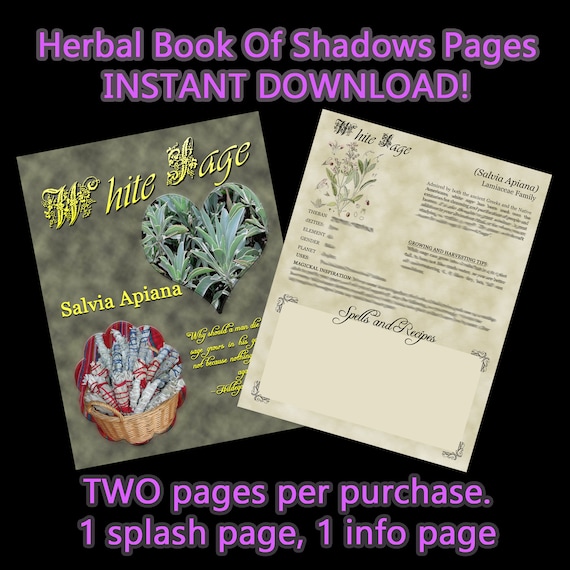 White Sage Herbal Book Of Shadows, Digital Download Spell Book Printable, Witchcraft Green Witch Correspondence Pagan A5 and US Letter Sizes