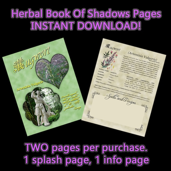 Mugwort Herbal Book Of Shadows, Herbal Witchcraft Information, Digital Download Herbal BOS pages, A5 and US Letter Size Pages, Green Witch