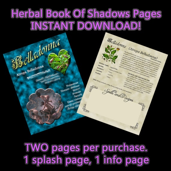 Belladonna Herbal Book Of Shadows, Witchcraft Supply, Digital Download Herbal BOS pages, US Letter and A5 sizes, Herbal Witchcraft Book