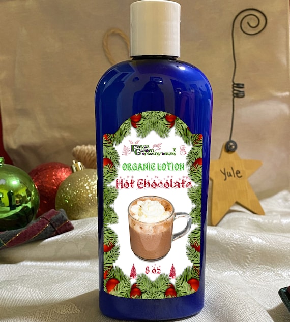 Hot Chocolate Organic Vegan Lotion, a rich, velvety lotion that melts into your skin like warm cocoa on a cold winter's night.