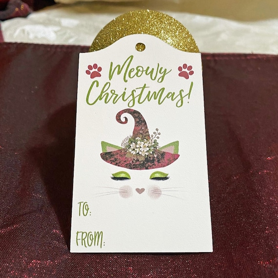 Cat Holiday Gift Tags For Witch Familiars, Set of 7, Personalized Gift Tags for Cat Lovers, Pagan Solstice Gift Tags with Ribbons, Yule Tags