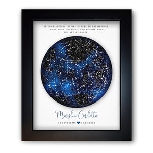May include: Framed print featuring a dark blue celestial map with white star constellations. The print includes the text "IF YOUR ACTIONS INSPIRE OTHERS TO DREAM MORE...YOU ARE A LEADER." Below the map is the name "Marsha Corletta" and the date 11.18.1996.