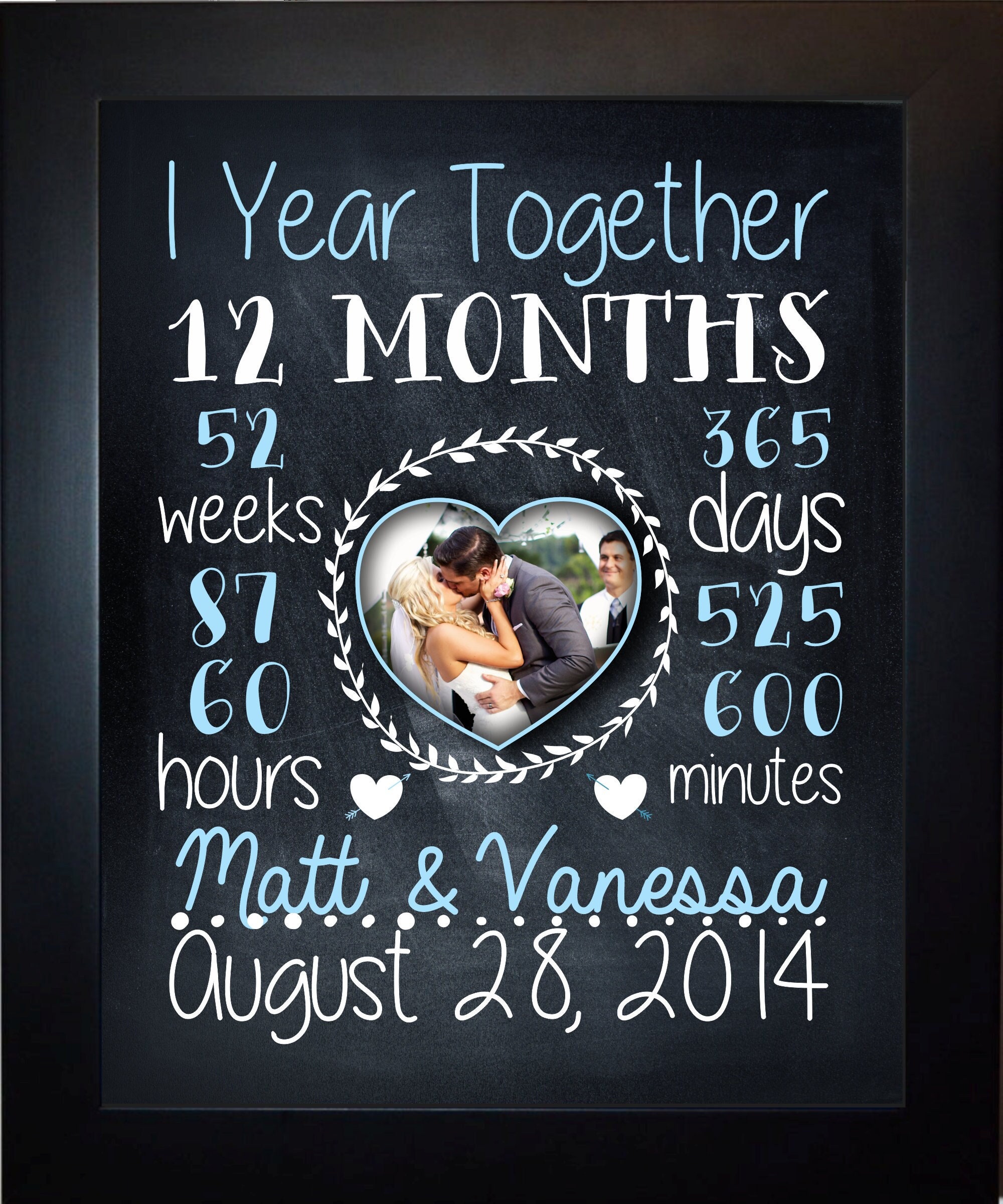 Anniversary Gift for Boyfriend Girlfriend, 1st Year Anniversary 1  Personalized Gifts One Time Together Present 10 Chalkboard Art Print Paper  