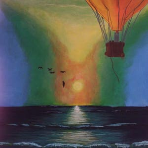 Hot Air Balloon Painting Ocean Seascape Art At Sunrise Etsy