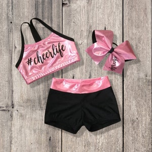 Girls Cheer Wear, Kids Cheer Wear, Girls Cheer Outfit, Kids Cheer Outfit, Cheer Shorts, Cheerlife Top, Cheer Top, Cheer Outfit, Cheer Bow