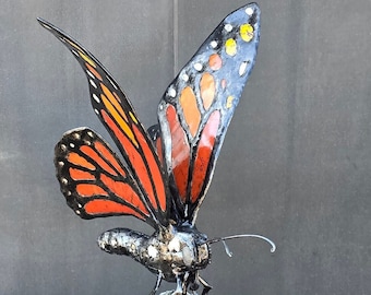 Made to Order Monarch Butterfly Reclaimed Metal Sculpture on Coneflower Base