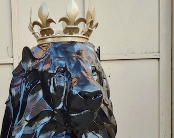 Custom Metal Lion Sculpture with Gold Crown: Indoor/Outdoor Art