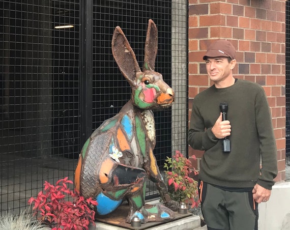 Made to Order Large Outdoor Metal Rabbit Sculpture Made Out of Found Object by Jacob Novinger