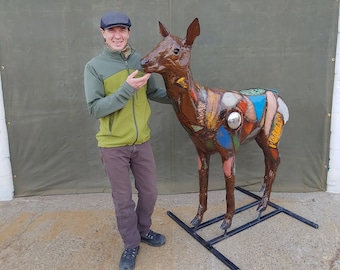 Custom Life-Size Reclaimed Colorful Metal Deer Sculpture by Jacob Novinger