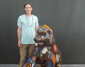 Made to Order Outdoor Colorful Reclaimed Metal Labradoodle Dog Sculpture by Jacob Novinger