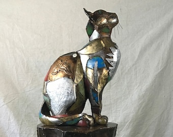 Outdoor/Indoor Life-size Custom Reclaimed Metal Found Object Cat Sculpture by Jacob Novinger