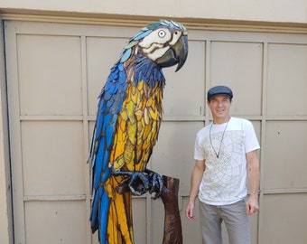 Custom Metal Macaw Sculpture: Large Colorful Garden Art