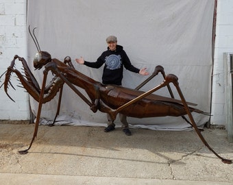 Custom Made Outdoor Metal Praying Mantis Sculpture Made to Order By Jacob Novinger