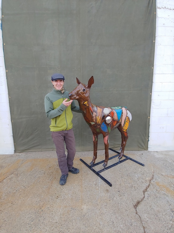 Custom Life-Size Reclaimed Colorful Metal Deer Sculpture by Jacob Novinger