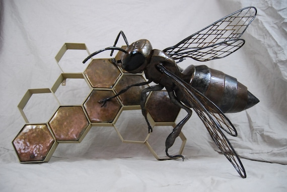 Custom Outdoor Metal Bee Sculpture with Honeycomb Made to Order By Jacob Novinger