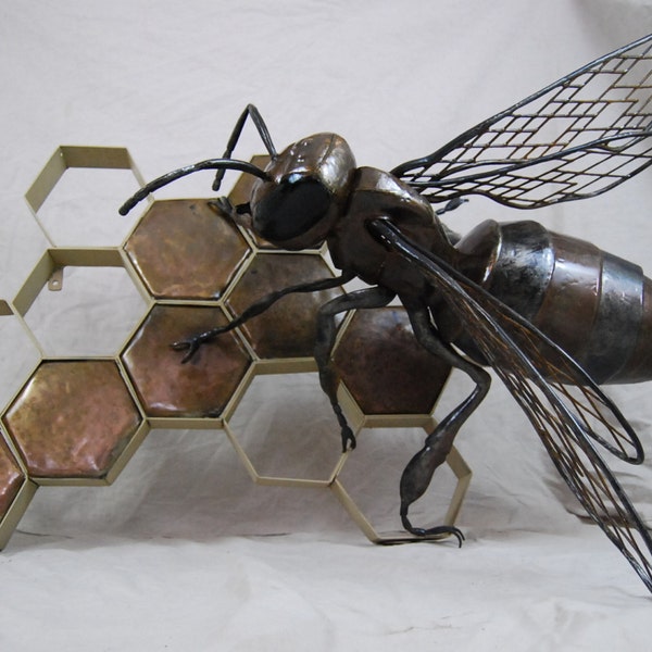 Custom Outdoor Metal Bee Sculpture with Honeycomb Made to Order By Jacob Novinger