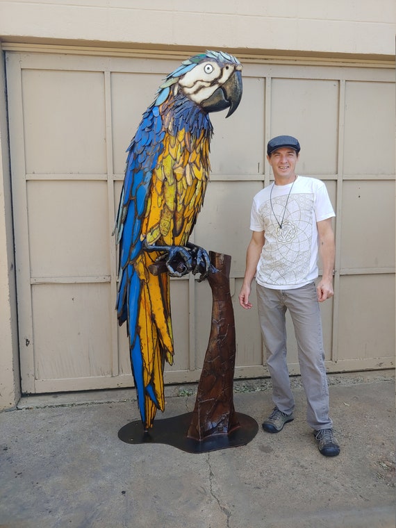 Custom Made to Order Outdoor Larger than Life Large Garden Colorful Metal Found Object Macaw Bird Sculpture by Jacob Novinger