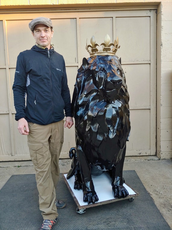 Large Custom Metal Black Lion Sculpture with Gold Crown Indoor/Outdoor Art by Jacob Novinger
