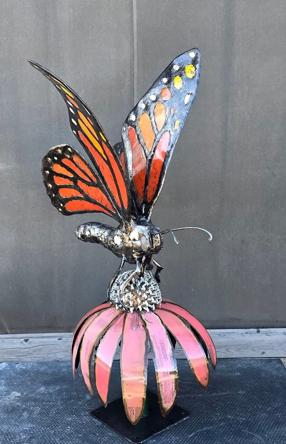 Made to Order Colorful Monarch Butterfly Reclaimed Metal Sculpture on a Coneflower Base by Jacob Novinger