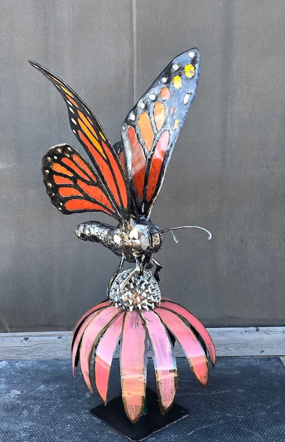 Made to Order Colorful Monarch Butterfly Reclaimed Metal Sculpture on a Coneflower Base by Jacob Novinger