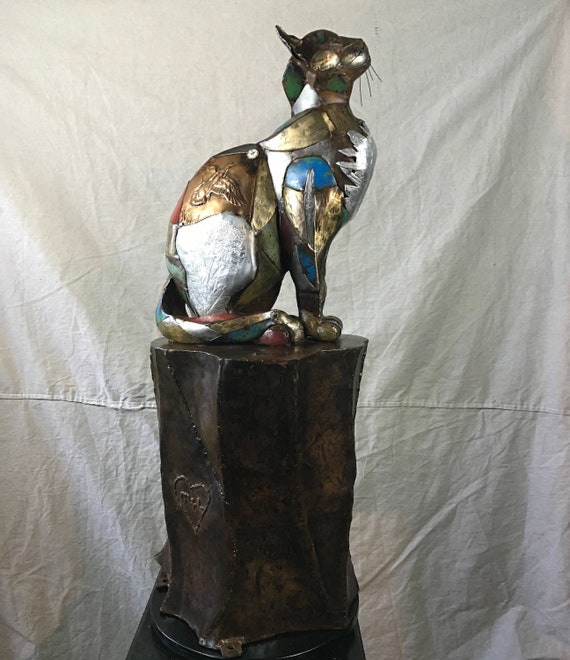 Outdoor/Indoor Life-size Custom Reclaimed Metal Found Object Cat Sculpture by Jacob Novinger