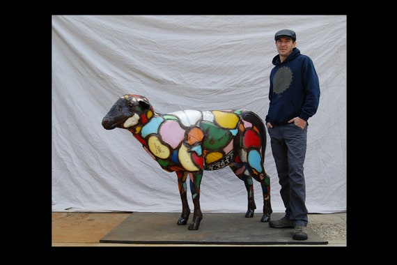 Colorful Large Outdoor Made to Order Life-Size Custom Metal Found Object Upcycled Sheep Art Sculpture Created by Jacob Novinger