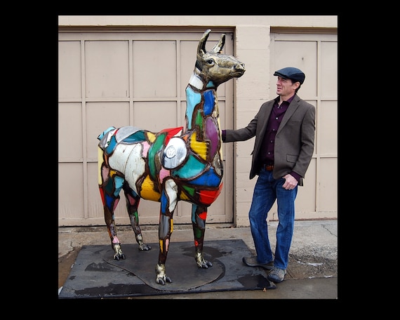 Made to Order Custom Life-Size Llama Metal Art Sculpture Made Out of Colorful Found Objects By Jacob Novinger