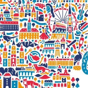 May include: A colorful illustration of a city skyline with various buildings, landmarks, and symbols. The illustration is in a white background with a blue, red, yellow, and green color scheme. The illustration includes a Ferris wheel, a church, a castle, a river, a mountain, a bird, a fox, a deer, a tree, a flower, a musical note, a fork, a plate, a cup, a violin, a wine glass, and a bunch of grapes.
