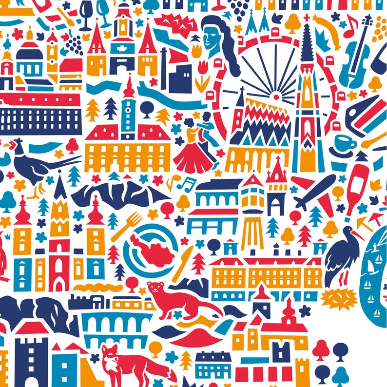 May include: A colorful illustration of a city skyline with various buildings, landmarks, and symbols. The illustration is in a white background with a blue, red, yellow, and green color scheme. The illustration includes a Ferris wheel, a church, a castle, a river, a mountain, a bird, a fox, a deer, a tree, a flower, a musical note, a fork, a plate, a cup, a violin, a wine glass, and a bunch of grapes.