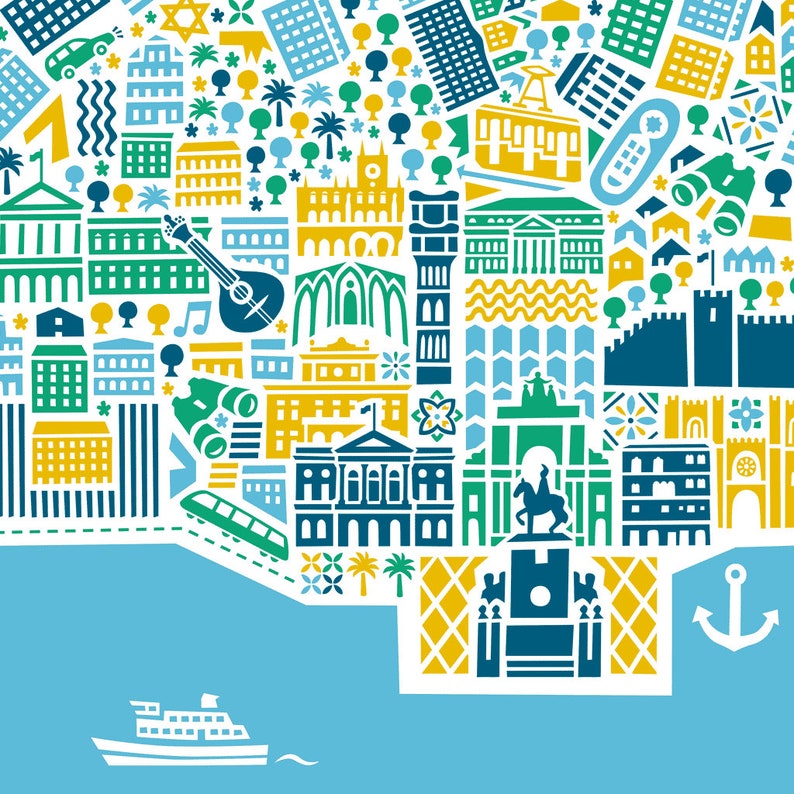 May include: A colorful illustration of a cityscape with various buildings, trees, and a boat. The design features a variety of architectural styles in shades of blue, green, yellow, and white. An anchor and a boat are at the bottom.