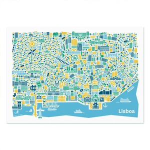May include: A colorful, stylized map of Lisbon, Portugal, featuring buildings, trees, and landmarks in green, yellow, and blue. The city is bordered by a light blue river with boats and the word "Lisboa" in white.