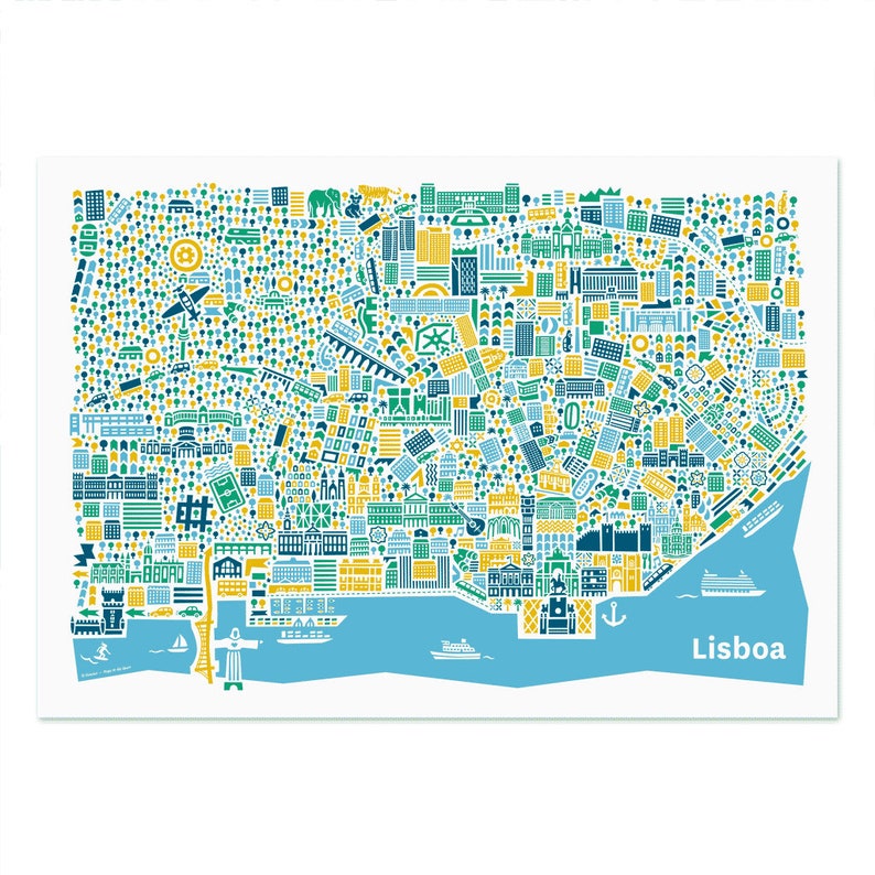 May include: A colorful, stylized map of Lisbon, Portugal, featuring buildings, trees, and landmarks in green, yellow, and blue. The city is bordered by a light blue river with boats and the word "Lisboa" in white.