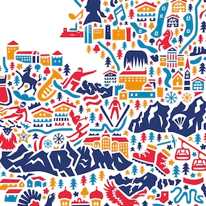 May include: A colorful illustration of a mountain range with various icons and symbols representing a winter wonderland. The illustration features a skier, a snowboarder, a mountain climber, a snowshoe hiker, a sledding family, a snowman, a winter village, and a Christmas tree.