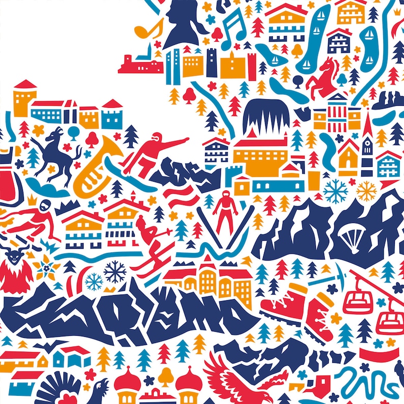 May include: A colorful illustration of a mountain range with various icons and symbols representing a winter wonderland. The illustration features a skier, a snowboarder, a mountain climber, a snowshoe hiker, a sledding family, a snowman, a winter village, and a Christmas tree.