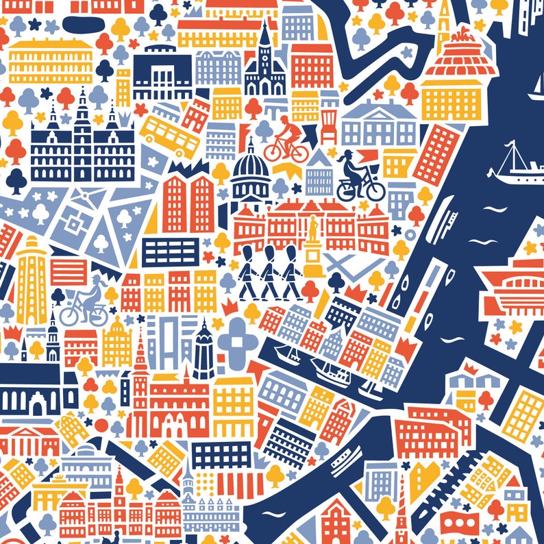 Pu&ograve; includere: Un'illustrazione colorata di uno skyline cittadino con edifici, alberi e persone. Gli edifici sono in tonalit&agrave; di rosso, giallo, blu e bianco. Ci sono anche piccoli dettagli come biciclette, bandiere e barche.