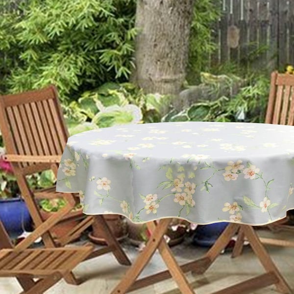 Round or Square Stain Proof Wipe Clean Linen Coated Tablecloth Almound Blossom Soft Blue - Extra wide up to 115" & Umbrella Hole available