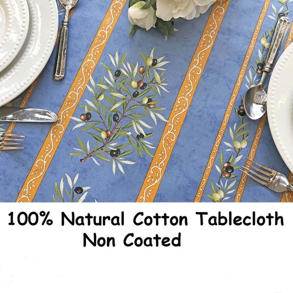 Natural Cotton Round - Square -  Rectangle or Oval Provence Table Cloth Olives Branches Blue- 100% Natural Cotton Non Coated -