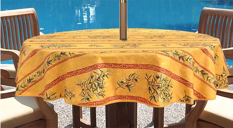 Napkins /& Umbrella Hole available Round Acrylic Coated Wipeable Provence Tablecloth 42 to 63 or Extra Large 115 in diameter available