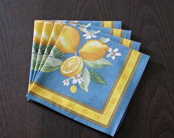 Set of 2 to 8 Cotton Napkins Provence Lemons in Blue - Set of 2 or 4  8 Natural Cotton Napkins -