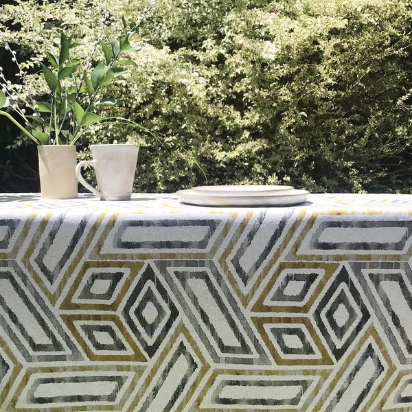 New Wipeable Tablecloth Linen Abstract Geometrical - Round Square Rectangle or Oval- Extra Wide up to 115" Available -Art Deco Mid Century