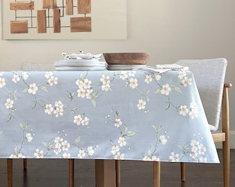 Linen Toile French Coated Tablecloth Sapporo Almond Blossom Soft Blue - Round Square Rectangle or Oval - Custom Sizes Available -