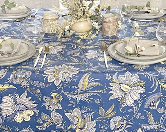 Stain Proof Wipe Clean Coated Tablecloth Isadora in Blue - Round Square Rectangle or Oval-  Extra wide up to 115" & Umbrella Hole