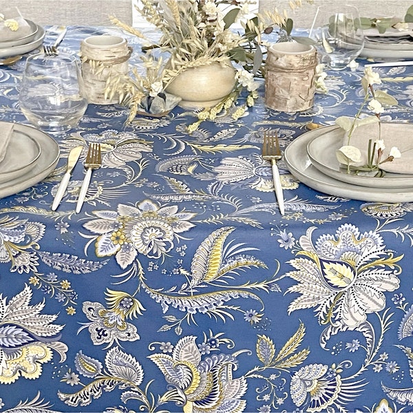 Stain Proof Wipe Clean Coated Tablecloth Isadora in Blue - Round Square Rectangle or Oval-  Extra wide up to 115" & Umbrella Hole