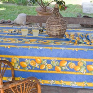 Provence Coated Tablecloth Wipeable Lemons in Blue or custom made your size up to 115" wide Umbrella Hole available